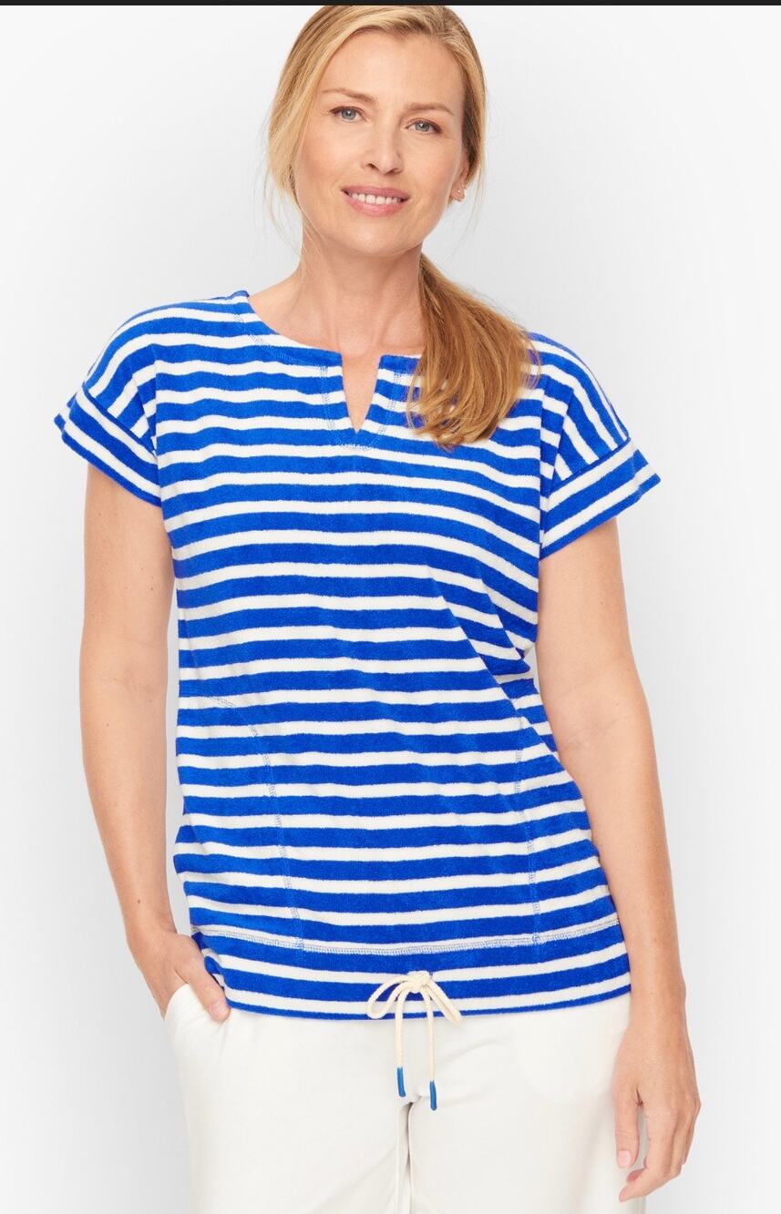 Talbots Women's Nautical Terrycloth Top Blue & White Striped Side Pockets Medium